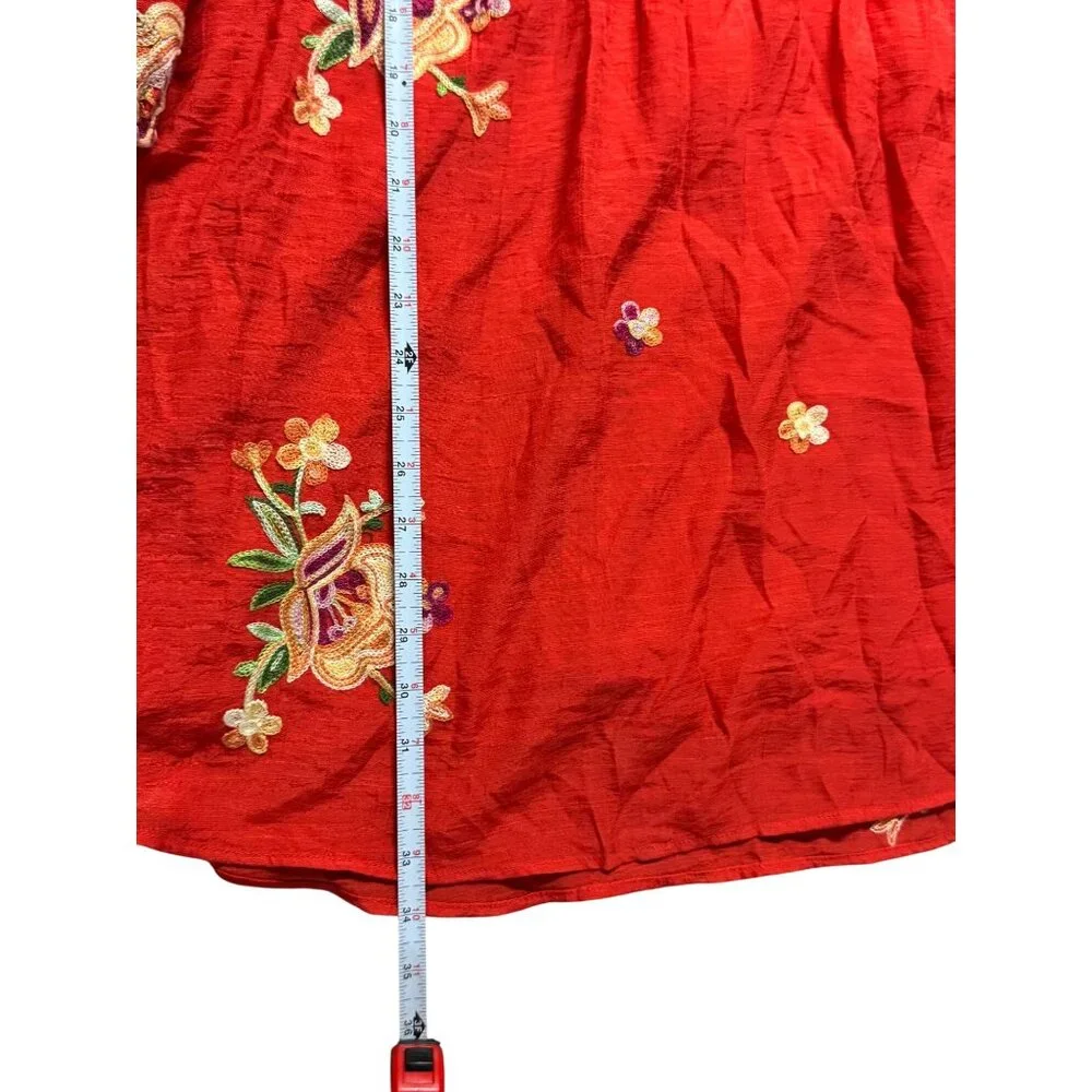 Fig‎ and Flower Red Embroidered Boho Ruffle Sleeve Babydoll Mini Dress Small x1